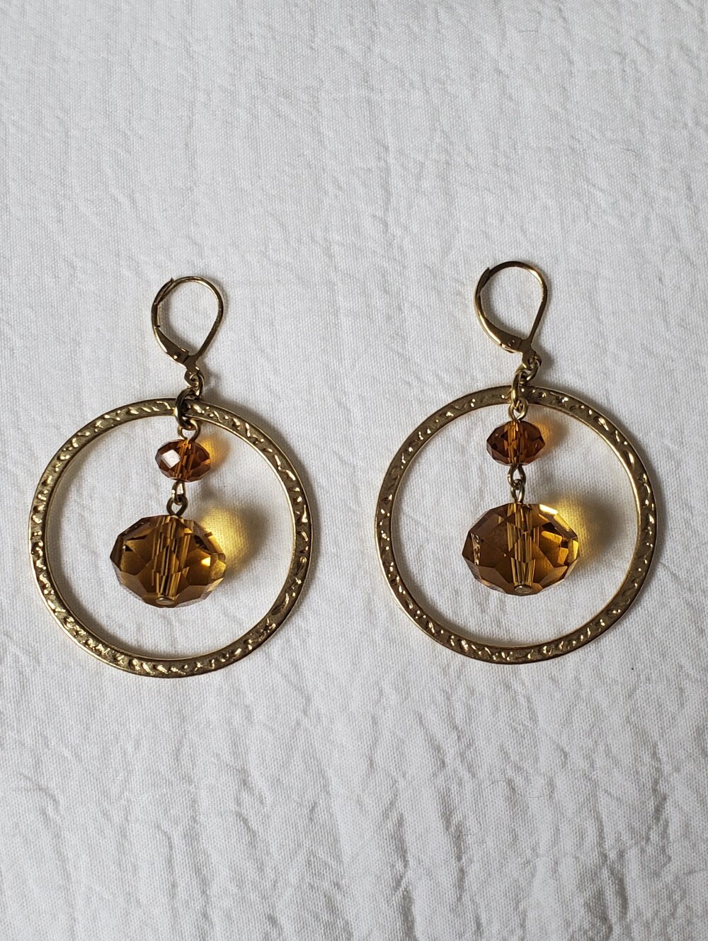 Gold Hoop Dangle Earrings with Amber Coloured Beads